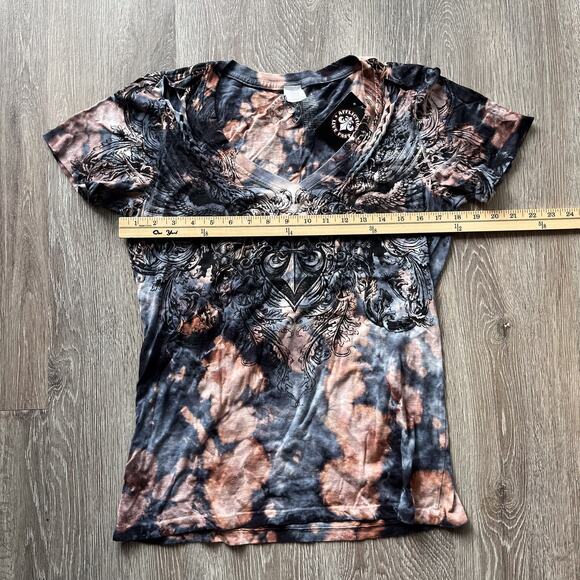 NWT AFFLICITION Live Fast Wmns Graphic Bleach Distressed Braid AOP V Neck Wings - Picture 10 of 11